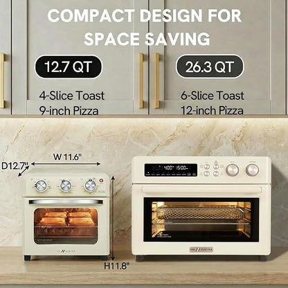 VAL CUCINA 6-in-1 Retro Air Fryer Toaster Oven Combo, Compact 12.7 QT Small Countertop Convection Oven, Fits 9" Pizza & 4 Toast, Hexagon Hybrid Heating, Enamel Baking Pan Included, Almond Yellow Color