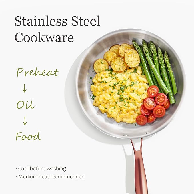 CAROTE 10" Tri-Ply Stainless Steel Frying Pan, Non-Toxic Egg Pan Omelet Pan, Oven Safe, Induction, Ceramic and Gas Cooktops Compatible, Polished Silver