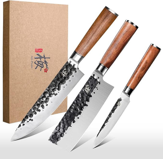 3 Pieces Kitchen Knife Set, Chef Knife, Usuba Knife, Paring knife, Germany High Carbon Stainless Steel Professional Knife, Hand-forged with Brazilian Rosewood, Gift Box
