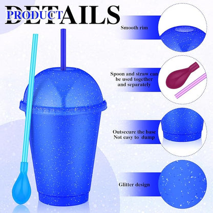 6 Set Slushie Cups with Dome Lids and Straws Detachable Spoon Straws Reusable Plastic Iced Coffee Cups Smoothie Tumbler for Birthdays Summer Party Supplies(Blue,16 oz)