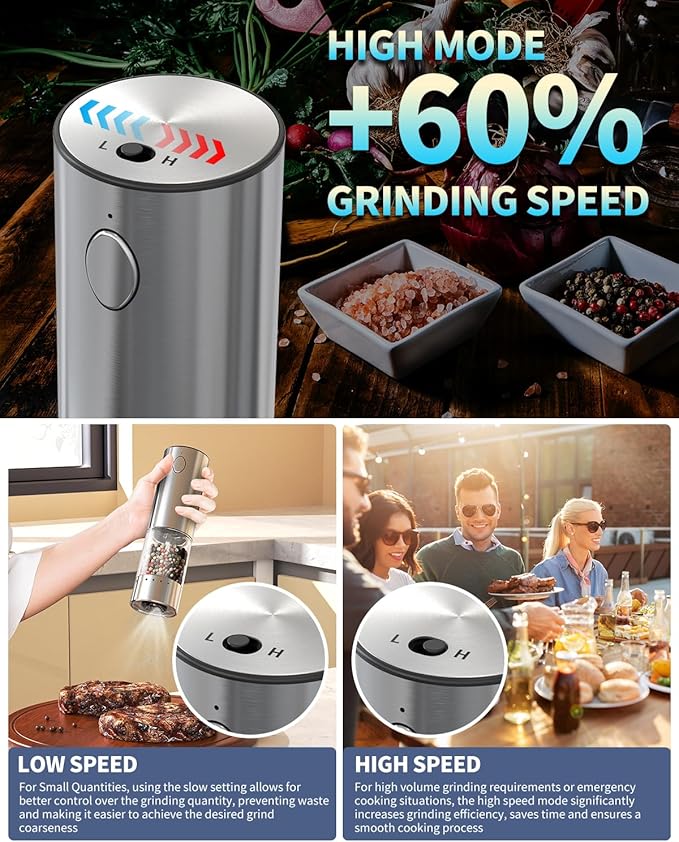 CIRCLE JOY 2-Speed Electric Salt and Pepper Grinder Set Rechargeable Stainless Steel Pepper Mills with Charging Base, LED Light and External Adjustable Coarseness for Hygienic Easy Use