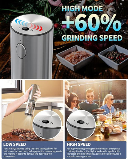 CIRCLE JOY 2-Speed Electric Salt and Pepper Grinder Set Rechargeable Stainless Steel Pepper Mills with Charging Base, LED Light and External Adjustable Coarseness for Hygienic Easy Use