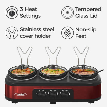 Sunvivi Triple Slow Cooker, Buffet Server & Warmer with 3 Removable Ceramic Pots, 3 Adjustable Temp Settings & 3 Metal Lid Rests, Stainless Steel, 3 * 1.5 Quarts Red