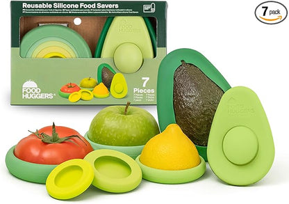 Food Huggers 7pc Gift Set Silicone Food & Avocado Savers Set | Reusable BPA Free Produce Storage | Airtight Seal for Onion, Tomato, Avocado, Lemon, Cans & More | Dishwasher Safe, Sage Green