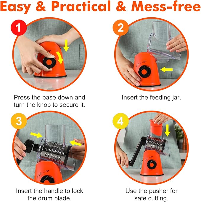 Cheese Grater Rotary, Rotary Grater for Kitchen, Kitchen Grater Vegetable Slicer with 3 Drum Blades, Fast Cutting Cheese Shredder for Vegetables and Nuts