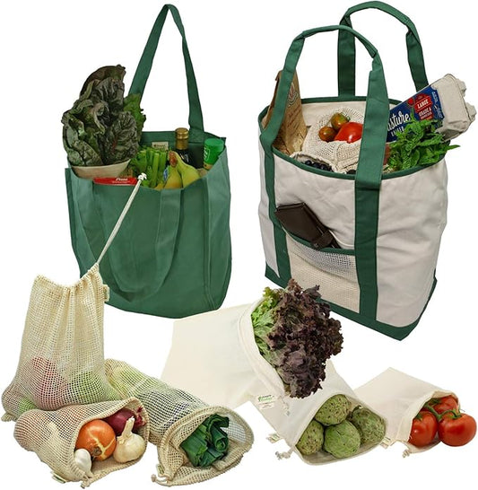 Simple Ecology Reusable Grocery Shopping 8 Bag Gift or Starter Set, Washable, Durable, Organic Cotton, Natural with Green