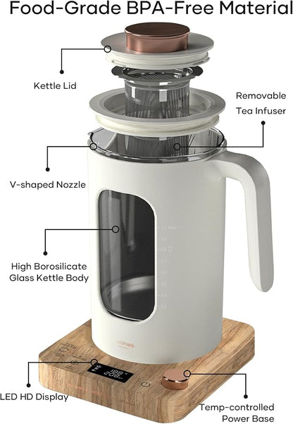 INTASTING Electric Tea Kettle, Electric Kettle with Tea Infuser, ±1℉ Knob Temperature Control, BPA-Free Glass, 1200W Fast Heating, Easy to Clean, 1 Liter (Cream White)