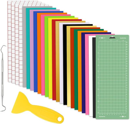 HTVRONT 24PCS Accessories Bundle Compatible with Cricut Joy 2, Accessories and Supplies Include Iron On Vinyl, Adhesive Vinyl Sheets, Vinyl Transfer Tape, Cutting Mat and Weeding Tools for Starter Kit