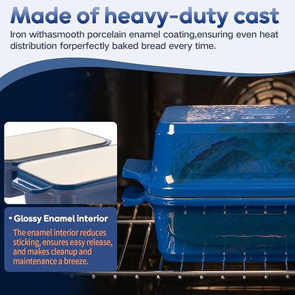 Enameled Cast Iron Dutch Oven for Bread Baking, 9×5 Dutch Oven Pot with Lid, 2 in 1 Sourdough Bread Pans for Baking with Lid, Roasting & Braising, Easy Release, Oven & Induction Safe (4.2 QT,Blue)