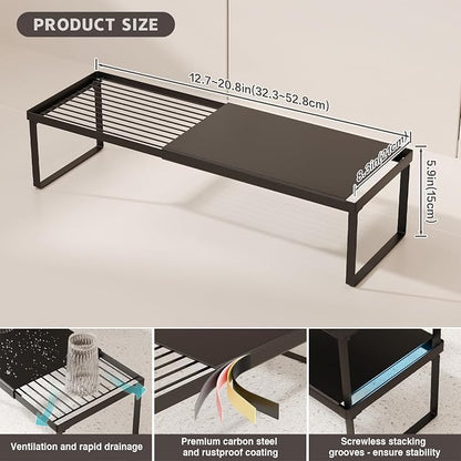 Magheo Expandable Cabinet Shelf Organizer, 1 Pack Stackable Kitchen Counter Shelf Riser, Metal Spice Rack Heavy Duty Countertop Organizer Storage for Kitchen, Pantry, Cupboard, Rv (5.9in Height,Black)