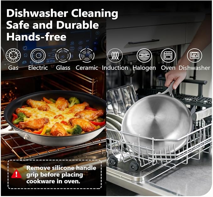 10 Inch Nonstick Frying Pan, Tri-Ply Clad Stainless Steel Skillet with Reinforced Coating, Detachable Handle with Silicone Sleeve, Dishwasher & Oven Safe, Induction Compatible, PFOA-Free