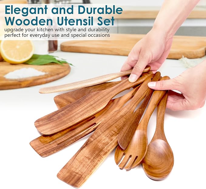 HOWHONG Wooden Spatula Spurtle Set for Cooking, Acacia Wood Kitchen Utensils, Premium Handmade Spurtles for Nonstick Cookware, Heat Resistant, Smooth Finish, Comfortable Grip, 8 Piece