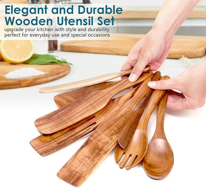 HOWHONG Wooden Spatula Spurtle Set for Cooking, Acacia Wood Kitchen Utensils, Premium Handmade Spurtles for Nonstick Cookware, Heat Resistant, Smooth Finish, Comfortable Grip, 8 Piece