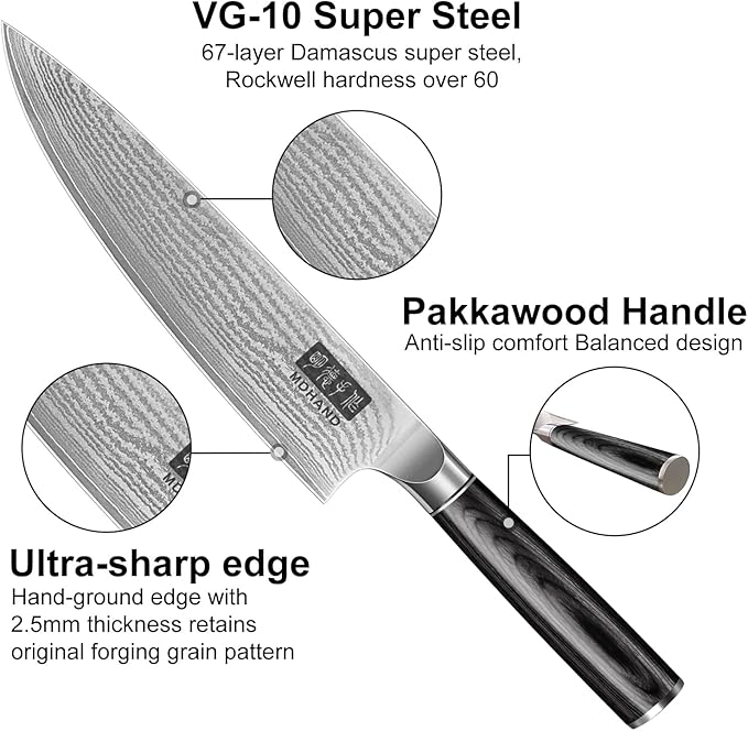 MDHAND Kitchen Knife Set, 3PCS Professional Chef Knife Set, VG10 Steel Knife Set with Pakkawood Handle, Ultra Sharp Knives Set for Cooking, Including Chef, Santoku & Paring Knife, Gifts for Men Women