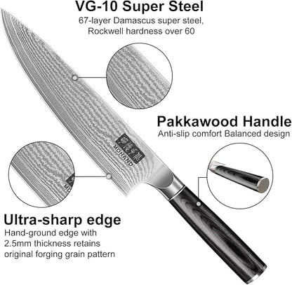 MDHAND Kitchen Knife Set, 3PCS Professional Chef Knife Set, VG10 Steel Knife Set with Pakkawood Handle, Ultra Sharp Knives Set for Cooking, Including Chef, Santoku & Paring Knife, Gifts for Men Women