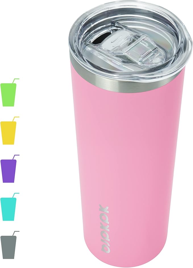 BJPKPK Skinny Insulated Tumbler, 20oz/600ml Stainless Steel Reusable Slim Travel Coffee Cup with Lid, Light Pink