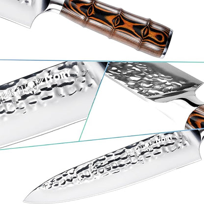 Kitory Chef Knife 8 Inch Professional Japanese Kitchen Knife HC Stainless Steel Hammered Ultra Sharp Blade Ergonomic Bamboo Handle for Home Restaurant Gift