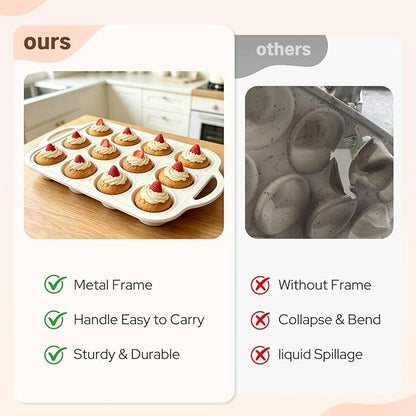 2 Pack Silicone Muffin Pans for Baking, 12 Cup Cupcake Pan with Metal Reinforced Frame, 3 Baking Tools Included, Nonstick Molds for Homemade Muffins, Cupcakes, Egg Bites, Oven Dishwasher Safe