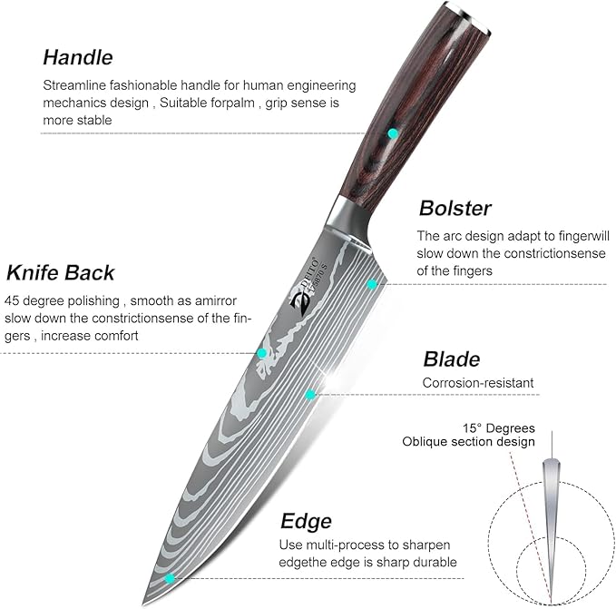 Dfito Kitchen Knife Set, 15 Pieces Knife Set with Block and Sharpener, High Carbon Stainless Steel Chef Knives Set with Red Pakkawood Handle for Home Cooking, Dishwasher Safe