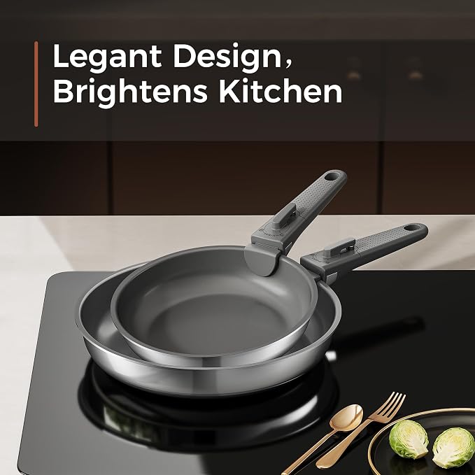 5PCS Pots and Pans Set Non Stick, Diamond-Titanium Ceramic Cookware Set & 3 Layer Stainless Steel with Detachable Handle, Induction Cookware, Non Toxic Oven/Dishwasher Safe, Gray