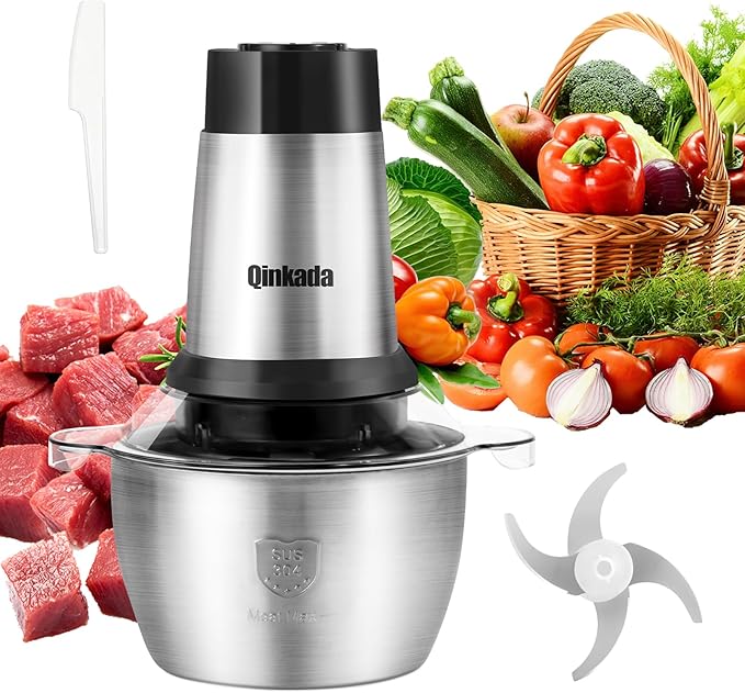 Qinkada Meat Grinder, 500W Powerful Food Processors, 8Cup Stainless Steel Bowl, 3 Speed Modes 4 Bi-Level Blades for Onion, Meat, Nuts, Fruit, Garlic, Vegetable, Baby Food
