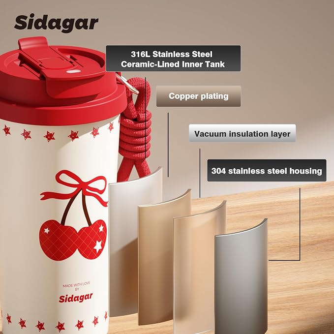 Insulated Travel Coffee Mug,18 oz Stainless Steel Coffee Tumbler with Flip Straw, Double Wall Thermal Cup with Leak Proof Lid,Reusable Ceramic Water Bottle for Office, Cherry