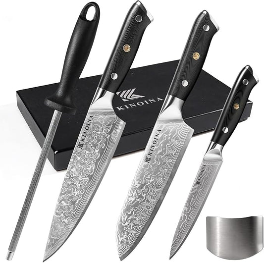 5-Piece Damascus Knife Set - Ultra-Sharp Professional 67-Layer VG10 Core Damascus Chef Knife Set | Includes 8 Inch Chef Knife, Santoku Knife, Kitchen Knife Sharpener, G10 Full Tang Handle