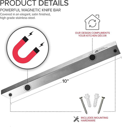 Modern Innovations 10 Inch Stainless Steel Magnetic Knife Bar with Multipurpose Use as Knife Holder, Knife Rack, Knife Strip, Kitchen Utensil Holder, Tool Holder, Art Supply Organizer, Home Organizer