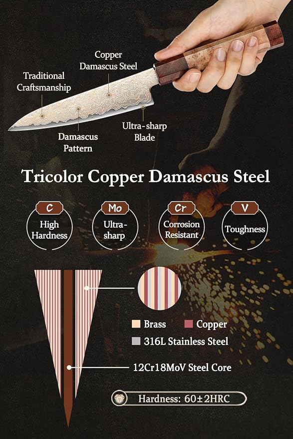 HEZHEN Kitchen Utility Knife, 5.5 Inches, 37 Layers Tricolor Copper Damascus Steel, Vegetable Fruit Knife, for Chefs and Home Cooking Using, Razor Sharp,Sycamore Wood Handle