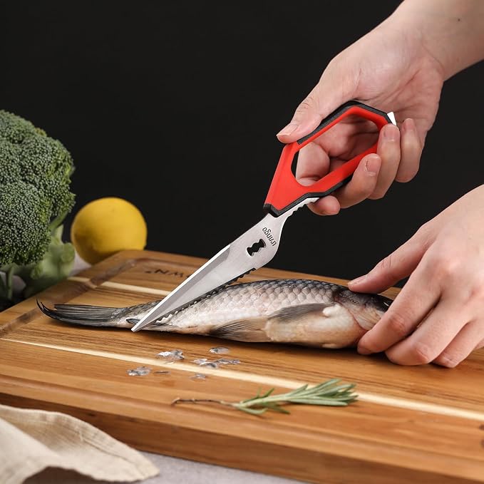 LIVINGO Kitchen Scissors Set All Purpose - Heavy Duty Stainless Steel Come Apart Food Shears for Cutting Meat, Vegetables, Dishwasher safe, 2 Pack, Red Black Multi-Function Handles