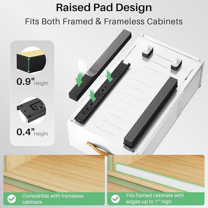Pull out Cabinet Organizer, Expandable Depth(15.7"-21.7") with Raising Pad for Framed Cabinets, Heavy Duty Slide out Drawers, Adhesive Roll Out Shelves for Kitchen, Pantry Storage(White, 1-Pack)