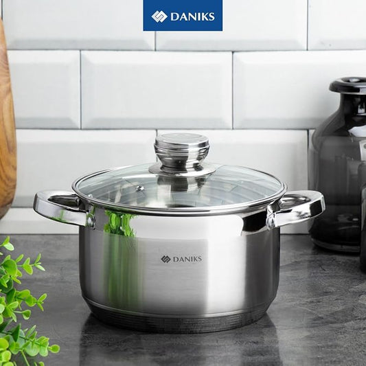 Daniks Standard 7 Quart Stainless Steel Stock Pot with Glass Lid, Tri-Ply Bottom for Even Heating, Induction Compatible, Dishwasher Safe, Built-In Measuring Scale, Silver