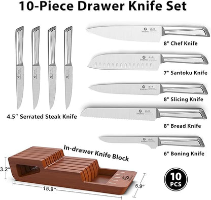 imarku Drawer Knife Set, 10 PCS Japanese Stainless Steel Knife Block Set, Kitchen Knife Sets with Wooden Drawer Organizer, Dishwasher Safe, Ultra Sharp Chef Knife, Gifts for Men