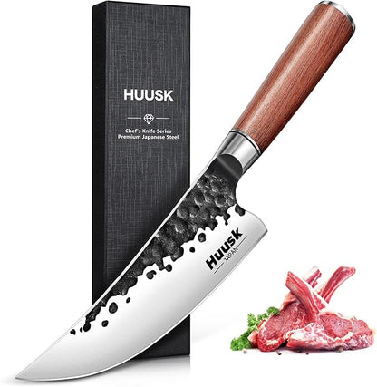 Huusk Japanese Butcher Knife for Meat Cutting - Ultra Sharp Viking Meat Knife Made by High Carbon Steel - Hand Forged Chef Knives with Wood Handle for BBQ & Cooking - Gifts Idea for Men Women