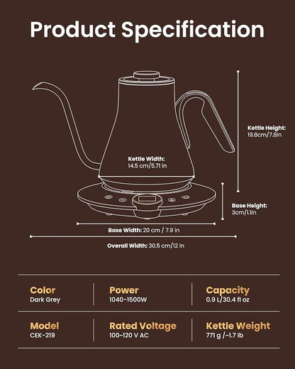 INTASTING Electric Kettle, Gooseneck Electric Kettle, ±1℉ Temperature Control, BPA-Free Stainless Steel Inner, Quick Heating, for Pour Over Coffee, Brew Tea, Boil Hot Water, 1500W/0.9L Dark Grey