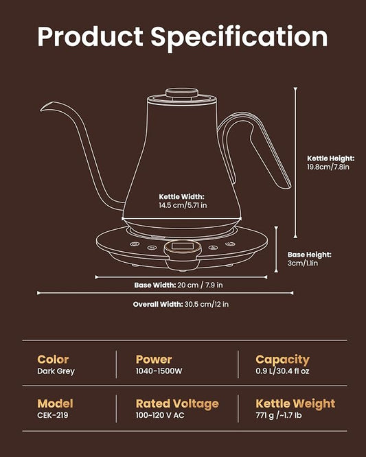 INTASTING Electric Kettle, Gooseneck Electric Kettle, ±1℉ Temperature Control, BPA-Free Stainless Steel Inner, Quick Heating, for Pour Over Coffee, Brew Tea, Boil Hot Water, 1500W/0.9L Dark Grey
