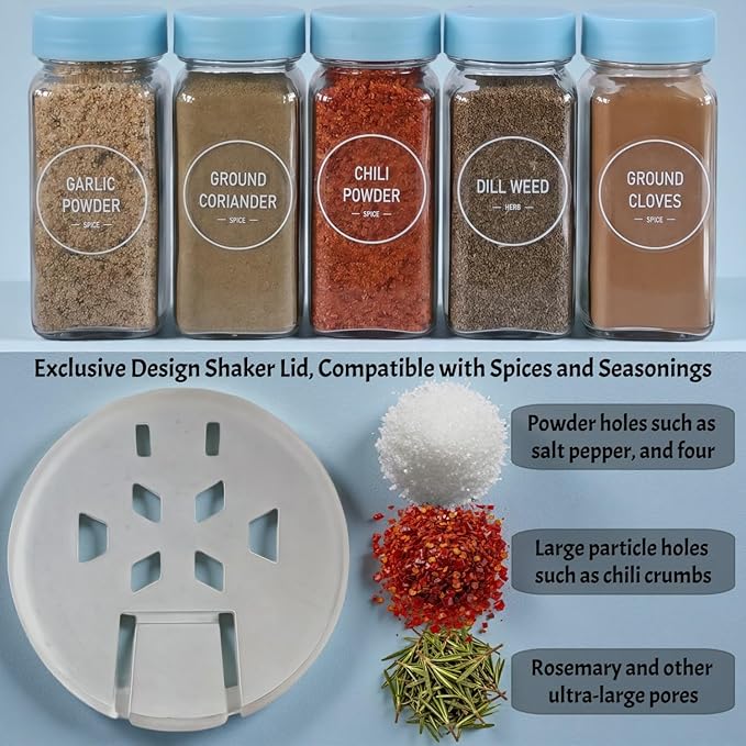 Spice Jars with Labels - 24 Glass Spice with Shaker Lids & Airtight Plastic Caps - 4oz Complete Seasoning Containers Organizer Set for Cabinet, Drawer & Rack (Skyblue)