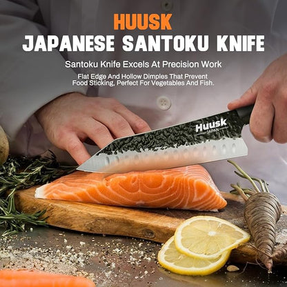 Huusk Knives from Japan Santoku knife - Hand Forged Chef Knife for Meat Cutting - Ideal Kitchen Knife Made From a Single Piece of High Carbon Steel Christmas Gift for Men and Women