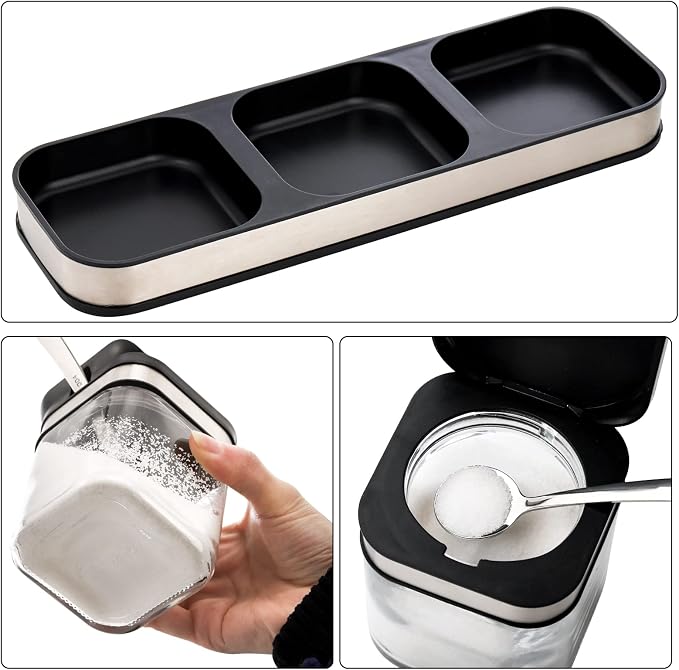 DEAYOU 3 Pack Glass Seasoning Box with Tray, Clear Condiment Canister with 18/10 Stainless Steel Lid and Spoon, Kitchen Spice Pot with Base, Salt Pepper Sugar Storage Container Jar Cruet for Desk