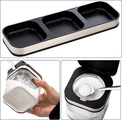 DEAYOU 3 Pack Glass Seasoning Box with Tray, Clear Condiment Canister with 18/10 Stainless Steel Lid and Spoon, Kitchen Spice Pot with Base, Salt Pepper Sugar Storage Container Jar Cruet for Desk