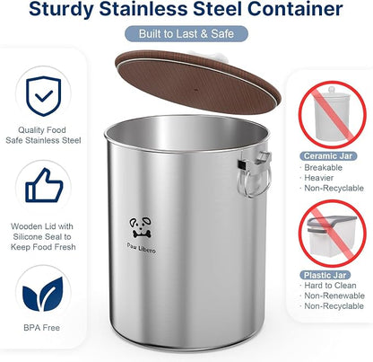 Paw Libero 2PK 25 Lbs total 50 Lbs Stainless Steel Dog Food Storage Container with Airtight Wooden Lid & Ceramic Bone Handle, Large Metal Dog Food Bin for Dogs & Cats