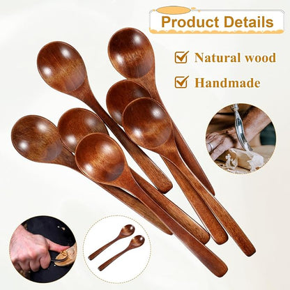 7 Pcs Wooden Spoons for Eating, Wood Table Spoon Set, 7 Inch Wood Soup Spoons, Wooden Honey Spoon for Tea, Teaspoon Utensils for Cooking, Eating, Dessert, Honey, Stirring Coffee