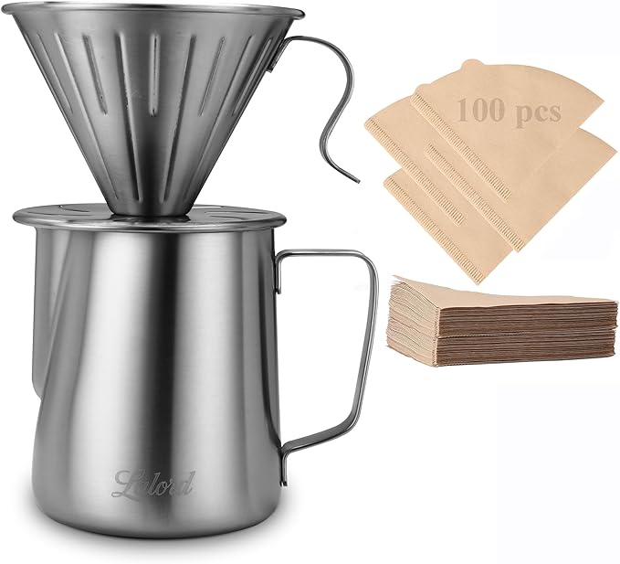 Lalord Pour Over Coffee Maker, 304 Stainless Steel wIth 100 pcs Paper Filters & 600ml Milk Frothing Pitcher, for Home & Camping