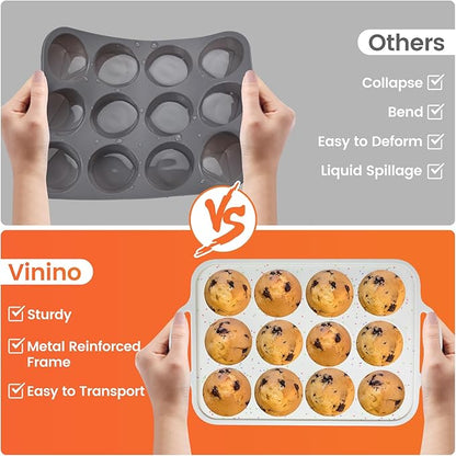 Vinino 2Pack Silicone Muffin Pan for Baking with Metal Reinforced Frame, 12 Cup Regular Size Cupcake Pan, BPA Free Silicone Muffin Tray, Cupcake Baking Pan Bite Molds for Oven Dishwasher Safe