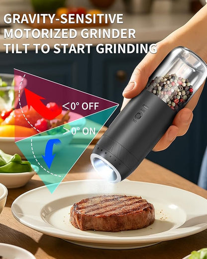 CIRCLE JOY Rechargeable Electric Salt and Pepper Grinder Set with Base, Automatic Pepper Mills with 110ml Container, External Adjustable Coarseness, White Led Light and One-Handed Operation, Black