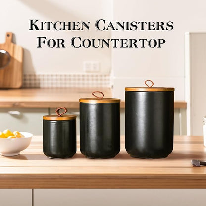 JOJUNO Black Ceramic Canister Set with Wooden Lid, 3-Piece Airtight Food Storage Jars for Kitchen Counter - Flour, Sugar, Coffee, Tea, Spice - Small, Medium, Large Sizes