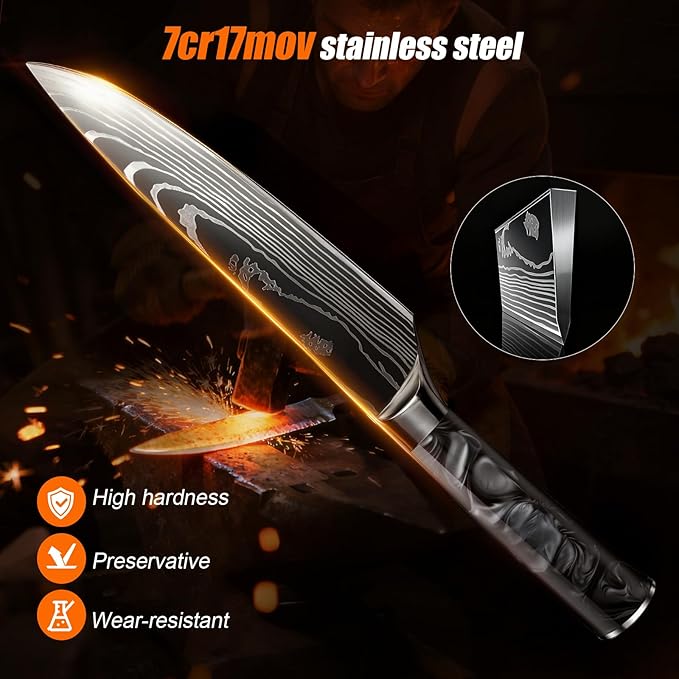 8-Piece Premium Japanese Kitchen Knife Set - Star Collection, Laser Damascus Pattern, 440A Stainless Steel Ultra Sharp for Fast Cutting (Black 8J)