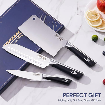 Topfeel Butcher Knife Meat Cleaver Set 3Pcs-7" Heavy Duty Bone Chopper& 7" Santoku Knife& 5" Utility Knife, German Stainless Steel Chef Knives Set for Kitchen Home Gift