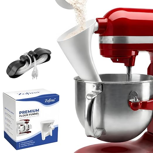 ZOFINA™ Flour Funnel for KitchenAid 6 Qt Bowl-Lift Stand Mixer RKSM60 + Cord Organizer | Mess-Free Pouring Attachment | No-Spill Baking, Food-Grade | Easy Pour & Dishwasher Safe