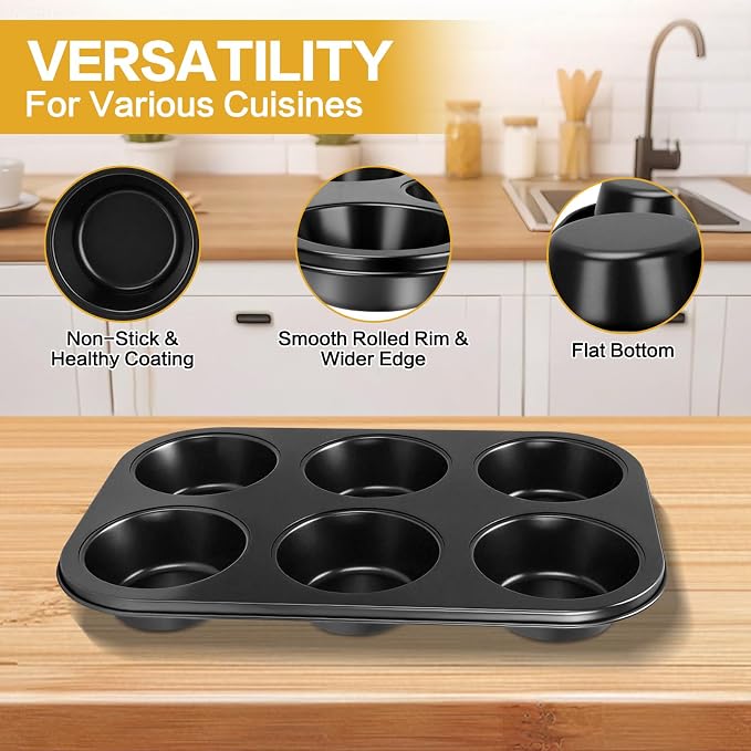 Jumbo Muffin Pan 6 Cup, 2-Pack Nonstick Extra Large Muffin Tin for Baking, Durable Non-Toxic Carbon Steel, 3.35'' Diameter, 1.6'' Muffin Mold, Jumbo Cup Design